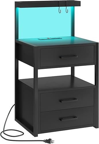VIAGDO Mesita de noche con estación de carga y luces LED mesita de noche negra con 2 cajones y estantes de almacenamiento abiertos mesas auxiliares