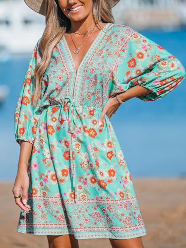 Image of CUPSHE Women's Plunging V Neck Backless Beach Dress Paisley Boho Blouson Sleeve Back Tie Waist Tie Mini Summer Dresses