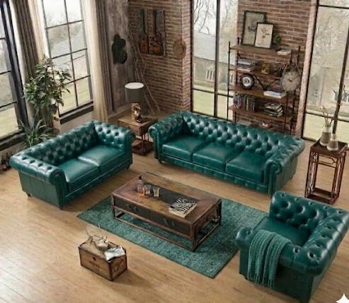 Image of Modern Classic Design Leatherette Luxury Chester Sofa Set with Button Tufted, Sofa for Living Room Home, Office, Hotel, Restaurant, banket Hall, and Lobby (Tel Green, 3+2+1=6 Seater Sofa)