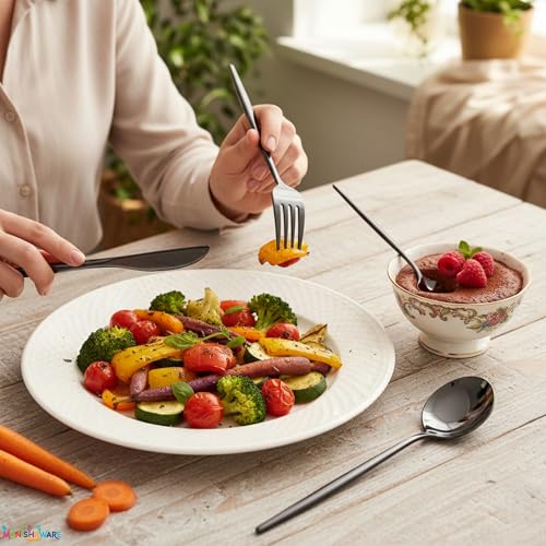 Image of Slim Handle Black 24 Pcs Stainless Steel Cutlery Set for Dining Table, Dishwasher Safe Glossy Flatware (6 Spoon Set + 6 Forks Set + 6 Butter Knife + 6 Dessert Spoon)