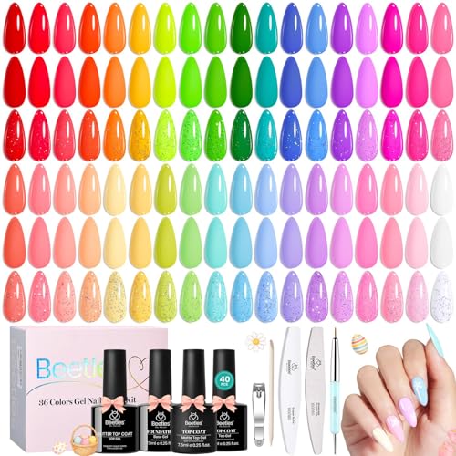 Beetles Spring Gel Polish Set - 36 Colors Pastel Neon Rainbow Bright Color Gel Polish Set with Base Coat Glossy Matte & Glitter Top Coat Pink Red Yellow Manicure Vivid Whimsy Easter Gifts for Women