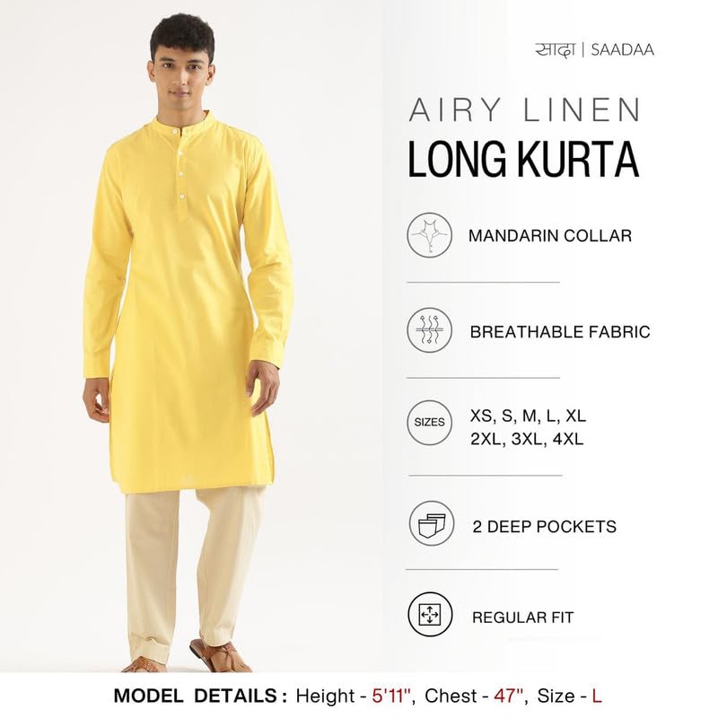 Image of SAADAA Men's Long Kurta - Linen Cotton Blend, Airy Fabric, Regular Fit, Mandarin Collar, Solid Color - Casual, Festive & Ethnic Wear