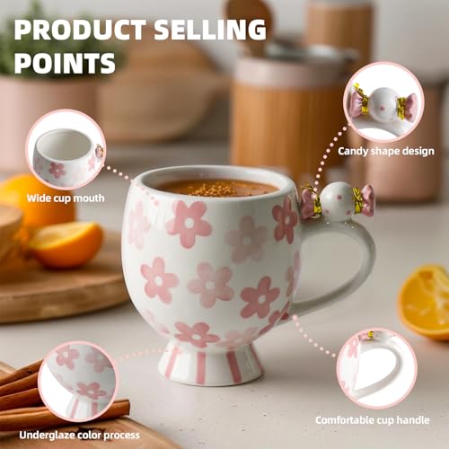 Image of DIF DECO Ceramic Mug Cute Candy Shape, Unique Holiday Mug with Handle Hot Cocoa Cup Perfect for Tea & Coffee Lovers, Gifts for Family Friends or Children 12 OZ (Pink Flowers)