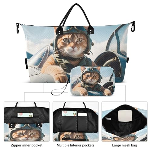 Large Travel Duffel Bag, Cat Plane Sports Tote Gym Bag, Shoulder Weekender Overnight Bag for Women Men, Carry On Luggage with Toiletry Bags2