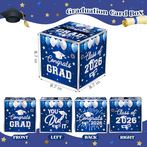 Image of Blue Graduation Congrats Card Box, Class of 2026 Navy Blue Silver Graduation Party Decorations Money Card Boxes Holder, Graduation Gift Card Box for Grad Parties Supplies 8.7 x 8.7 x 8.7 Inch