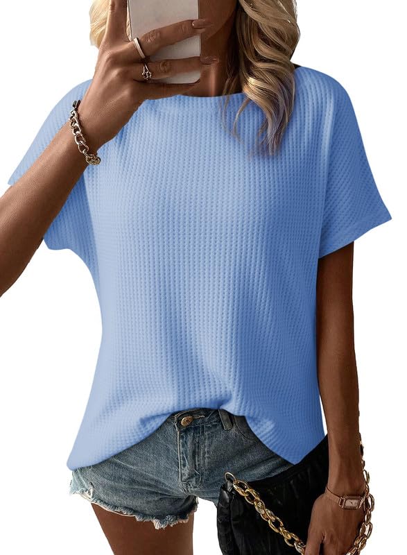 Dokotoo Women's Casual Boat Neck Short Sleeve Waffle Knit Shirts Loose Summer Tunic Tops Blouses