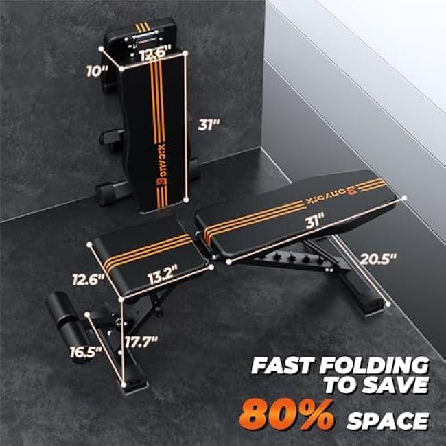 800LBS Adjustable Weight Bench - Bonvork Foldable Workout Bench Press with 20.5'' Extended Base for Home Gym, Folding Decline Incline Strength Training Bench for Full Body Exercise - 2024 Version
