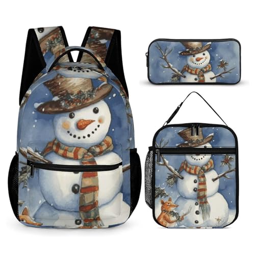 Winter Snowman Backpack Set Lightweight Bag Lunch Box Pencil Bags for Women Men Bookbags 3 in 1