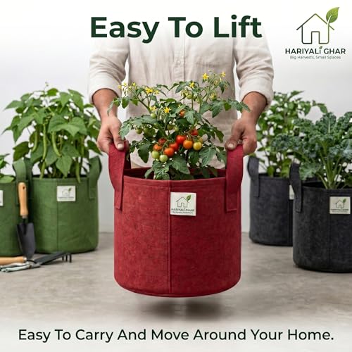 Image of 400 GSM Geo Fabric Round Grow Bags 9x9 Inch with Handle, Red Planting Bags for Terrace and Kitchen Gardening Pack of 20