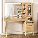 Chrangmay 47.24' Big Modern Vanity Desk with Mirror and Lights,Makeup Vanity Desk with 5 Drawers and Storage Shelves & Power Outlet,Dressing Table with Glass Top, Oak