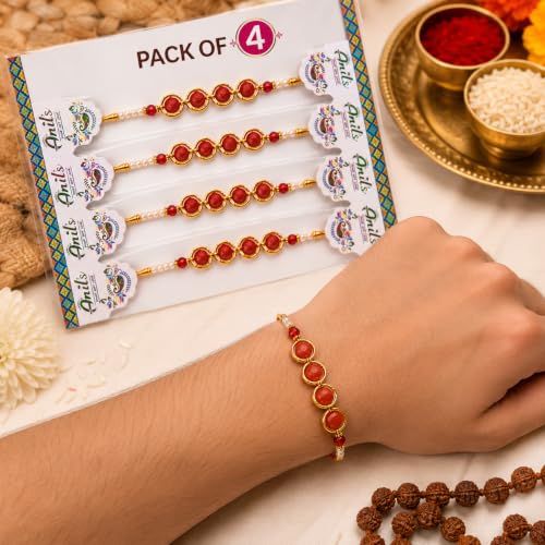 Image of Rakhi Set for Brother Pack of 4 with Roli Chawal | Premium Designer Traditional Rakhi Combo | Handmade Raksha Bandhan Thread | Festive Rakhi Gift for Bhai sk5