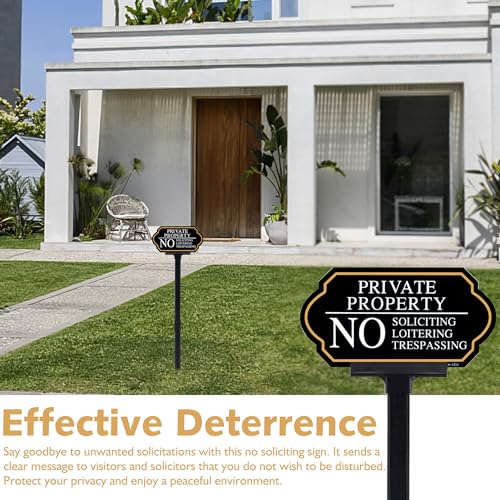 Image of Private Property No Trespassing Sign with Stake, No Soliciting Sign for House 5x10 inch /35 inch High, for Front Door /Lawns /Gardens and Business