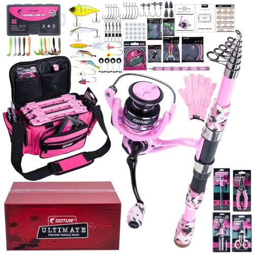 Goture Portable Pink Fishing Pole Kit for Women - Telescopic Rod & Smooth 3000 Reel with Spare Spool Large Capacity Waist Bag Lures Line - Durable Travel Fishing Gear for Girls
