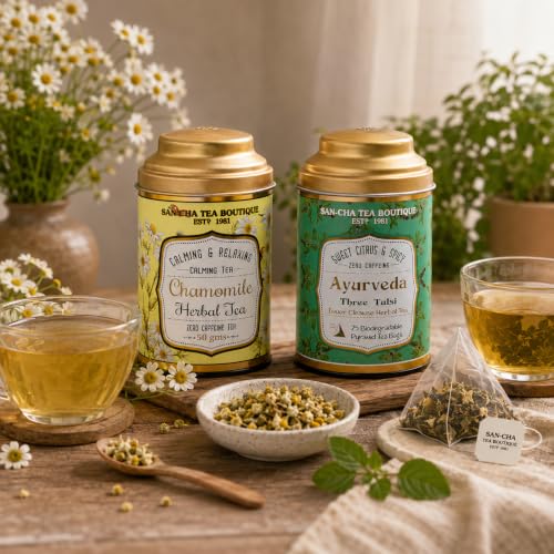 Image of Sancha Tea Boutique, Tea Combo Pack: Chamomile Herbal Tisane (50g) & Tulsi Herbal Tisane (25 Pyramid Bags), Ayurveda Blends, Caffeine Free Tisanes