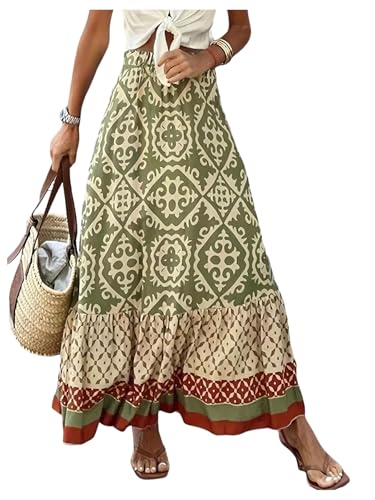 GORGLITTER Women's Boho Western Ruffle Flowy Maxi Skirt Trendy Summer Graphic Elastic High Waisted Beach Long Skirts2