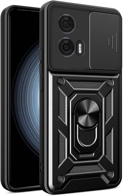 360 Ring Holder & Sliding Camera Shield Cover | 360 Degree Protection Back Case Cover for Motorola Moto G96 5G – Black (Sliding Camera Window)