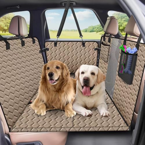 Reiseresa Hundedecke Auto Rückbank, Vielseitiger Hundedecke Rücksitz mit Stabiler Hartholzbrett und Sicherheitsgurte, Wasserdicht Hund Rücksitz für Alle PKWs Auto SUV (Braun, XXL)