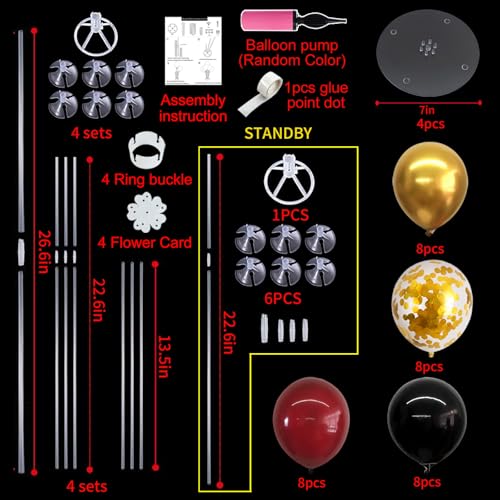 Image of TONIFUL 4 Set Burgundy Red Black Gold Balloon Stand Centerpiece for Table