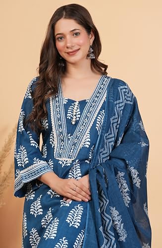 Image of Amayra Women's Pure Cotton Straight Kurta Set with Palazzo Pants & Dupatta|Ethnic wear|Kurta Set for Women