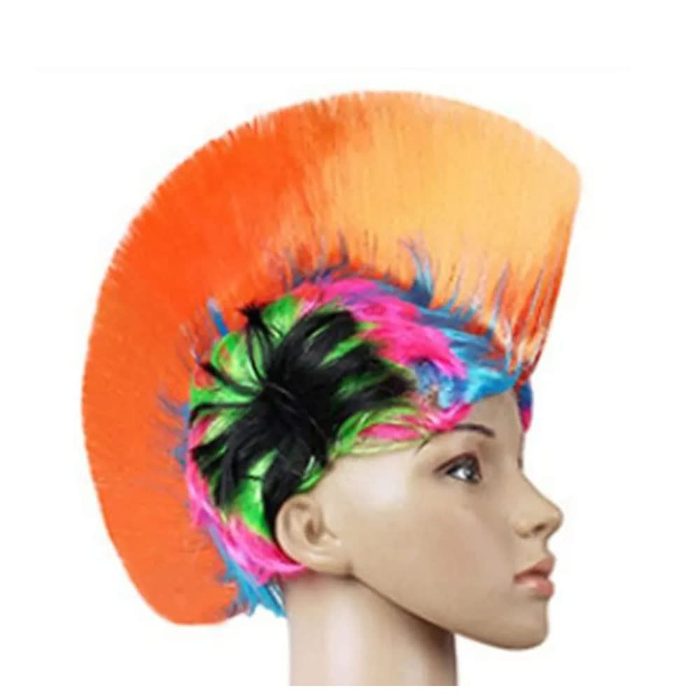 Brown Leaf Multicolored Rainbow Punk Mohawk Wig For Holi Halloween Fancy Dress Costume hair wig (Orange)