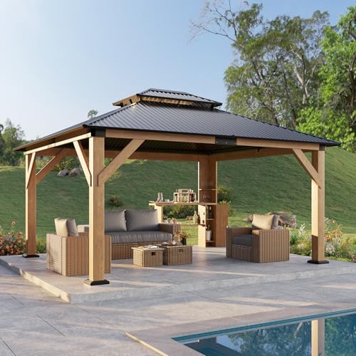LUXOAK 13x15 Wood Gazebo, Hardtop Outdoor Gazebo with Aluminum Double Roof, Outdoor Wooden Pavilion for Parties, Backyard, Patio, Lawns, Black + Natural Wood