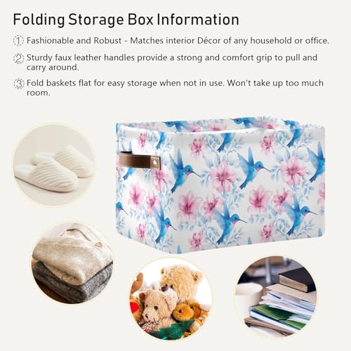 Image of Aslsiy Storage Basket Flower Pink Flowers and Hummingbirds-1 Nursery Bins Baby Canvas Box Clothes Shelf Basket Laundry Hampers 2 Pcs