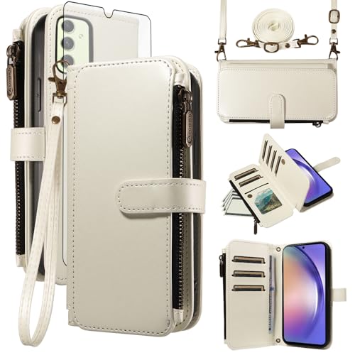 Samsung Galaxy A54 5G Case Porte Carte avec Verre Trempé Étui à Clapet Samsung A546B Blanc