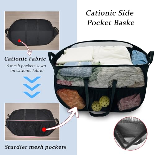 Image of Upgraded Cationic XL Collapsible Laundry Baskets, 100L Extra Large Mesh Pop Up Hamper with Handles and bag, Portable Stair Basket, Dirty Clothes Hamper for Cruise Travel Bedroom. Black