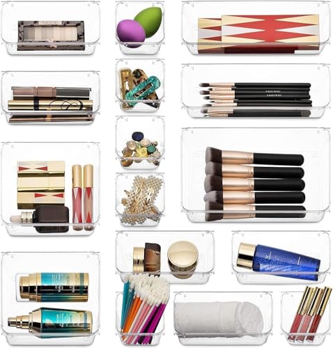 Image of Clear Plastic Drawer Organizers Set, 4-Size Versatile Bathroom and Vanity Drawer Organizer Trays, Storage Bins for Makeup, Bedroom, Kitchen Gadgets Utensils and Office (12 PC NEW SET)