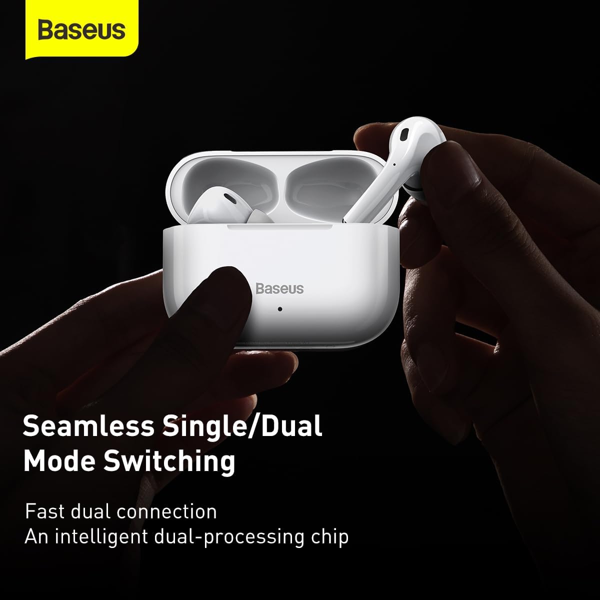Graphic illustrating seamless single/dual mode switching for Baseus Encok W3 earphones