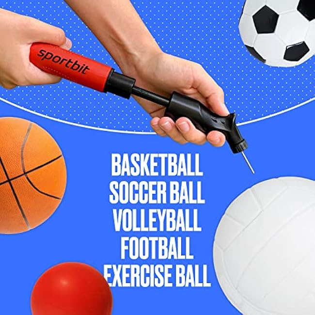 SPORTBIT Ball Pump for Sports Balls - Push & Pull Inflating System - Hand Pump for All Exercise Balls - Volleyball Pump, Basketball Inflator, Football & Soccer Ball Air Pump - Goes with 5 Needles Set