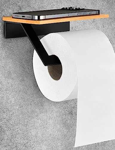 VMbathrooms Toilettenpapierhalter ohne Bohren mit Ablage | Klopapierhalter Schwarz mit Holzplatte | Klorollenhalter zum Kleben in edlem Design inkl. kostenlosem E-Book