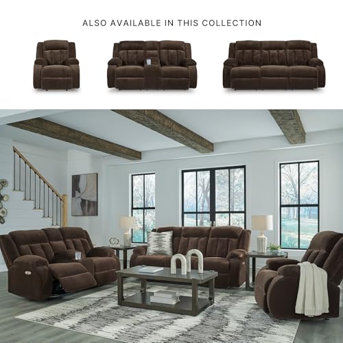 Image of Signature Design by Ashley Power Reclining Loveseat with Console, Free Wake, Wall Hugger Design with Zero-Draw USB Ports, Extra Plush Velvet Upholstery, Chocolate, 75 inch W