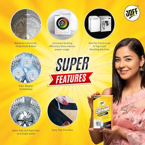 Image of Joff Washing Machine Cleaner Powder for Front and Top Load Machines, Removes Build-Up, Odors and Residue, Eco-Friendly Gentle Formula, Deep Cleaning Performance, Pack of 3, 150g Each