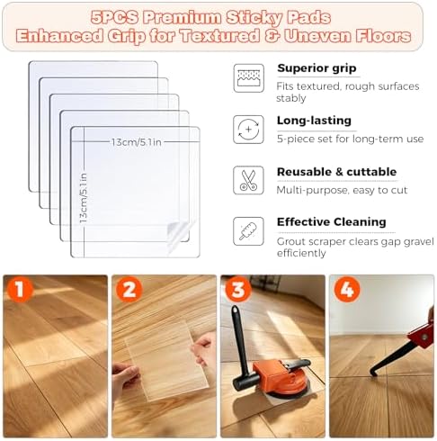 Sniqafo Heavy Duty Floor Gap Fixer Tool, Floor Suction Cup Tool for Gaps with 5 Cuttable Sticky Pads, Grout Scraper & Gloves, Fits ≥4.8" Wide Wood/LVP/Vinyl Flooring(Deep-Orange) — view 2