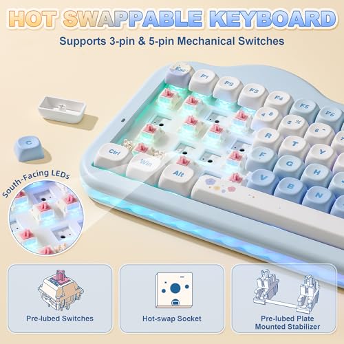 Image of YUNZII C75 Wireless Mechanical Keyboard,75% Layout, Hot-Swappable NKRO,BT5.0 /2.4G /USB-C Mode,Dye-Sub PBT MOA Keycaps,RGB Gasket Mount,Cute Cake Design for Mac /Win /Gaming (Blue, Candy Switch)