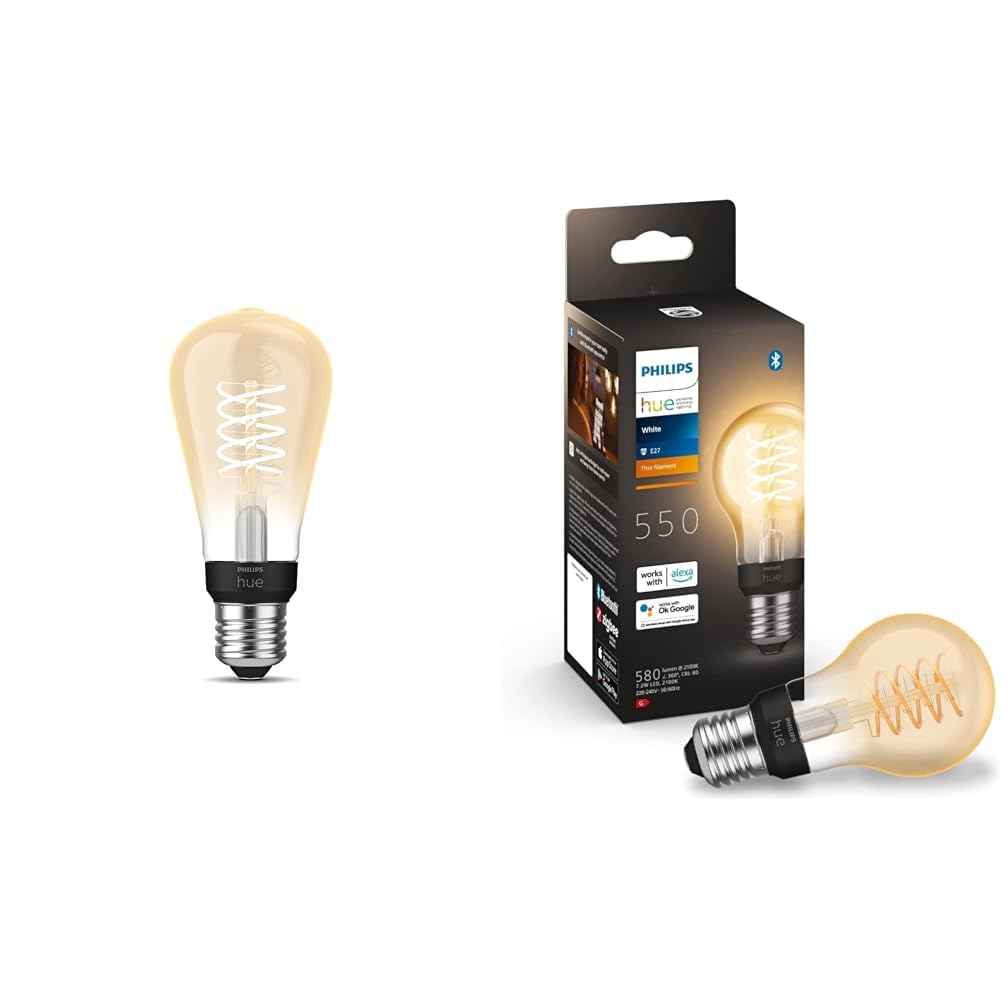 Philips Hue White Filament E27 Lampe Einzelpack, 7.2W & White E27 Filament Lampe (550 lm), dimmbare LED Lampe für das Hue Lichtsystem mit warmweißen Licht, smarte Lichtsteuerung über Sprache und App