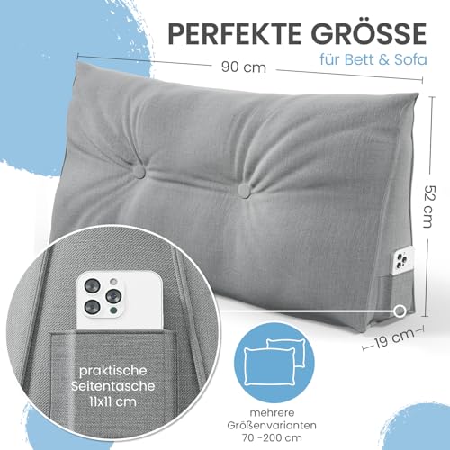 ELONEO Rückenkissen 90 cm breit, Keilkissen für Bett und Sofa geeignet, dreieckiges Lesekissen, Kissen mit abnehmbarem und waschbarem Bezug, mit praktischem Seitenfach
