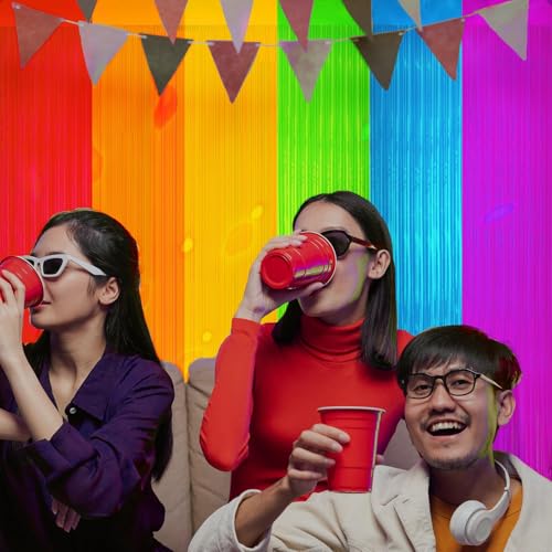 Image of 6 Pack Glow in The Dark Curtains Party Supplies 6.6 x 3.3 Ft Glow Tinsel Foil Fringe Curtains Colorful Photo Booth Prop Backdrop Streamer for Birthday Holiday Neon Party Decorations