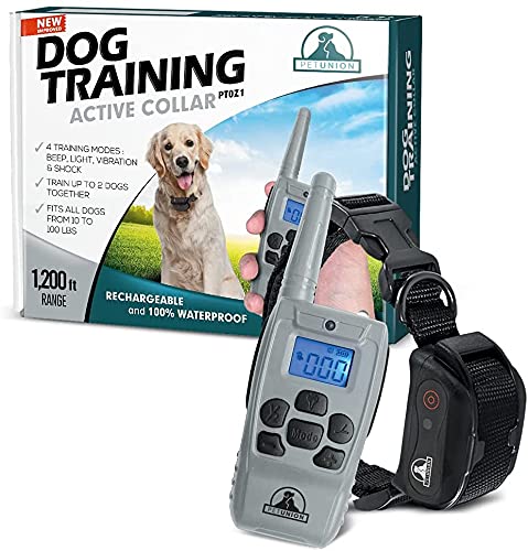 Pet Union PT0Z1 Premium Training Shock Collar for Dogs with Remote – Fully Waterproof, 4 Adjustable Training Modes – Shock, Vibration, Beep – Up to 1200ft Range
