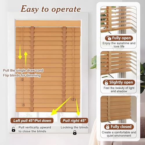 2" Slats Wood Blinds for Indoor Windows, Custom Wood Window Blinds, Wooden Venetian Horizontal Blinds & Shades for Indoor Windows, Office, Living Room, Bedroom