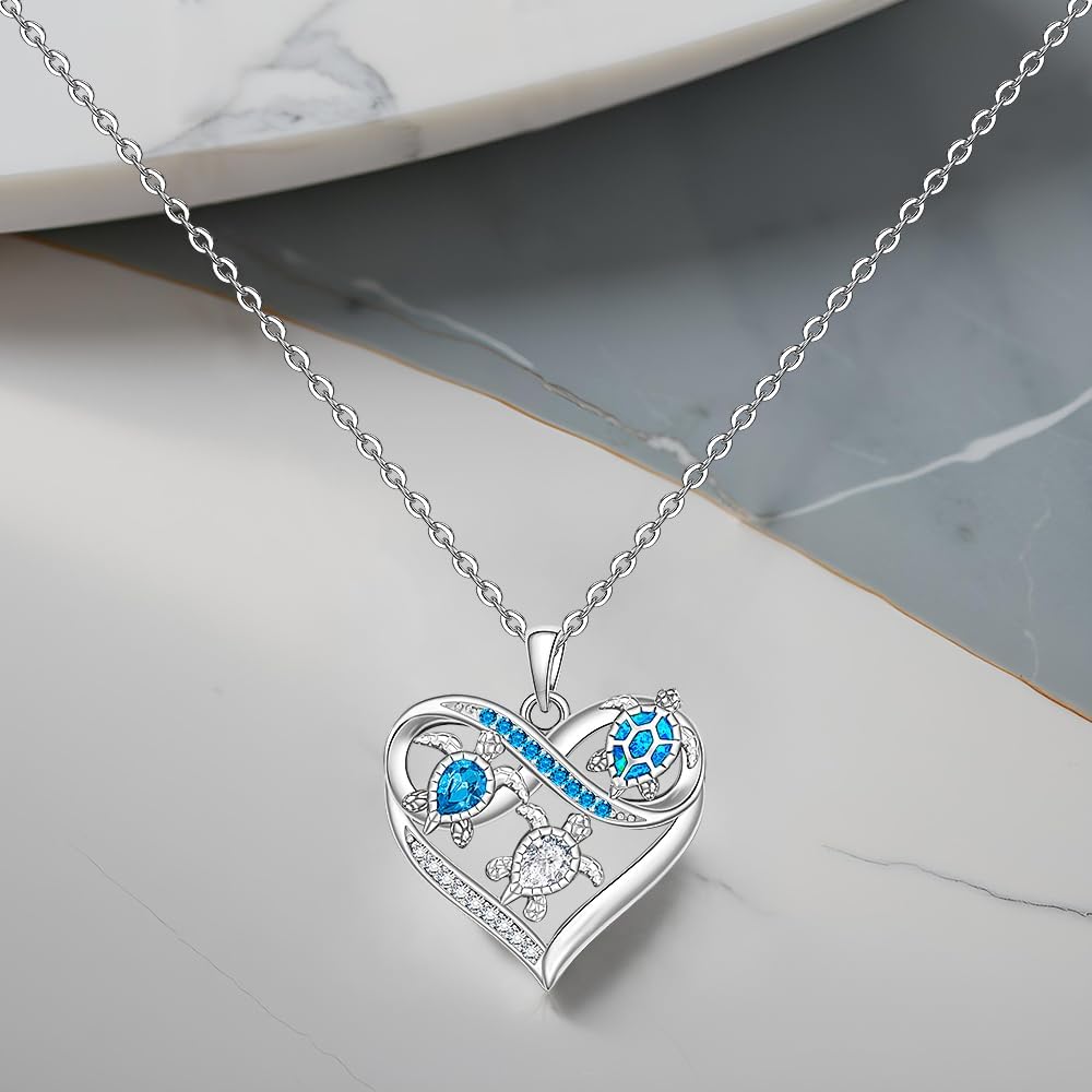 Turtle Necklace for Women S925 Sterling Silver Blue Opal Sea Turtle Necklace Cross Heart Mother Daughter Pendant Jewelry Gift - Image 8