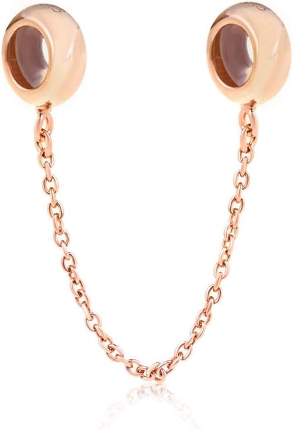 925 Sterling Silver Stopper Safety Chain Bead Charm for European Charm Bracelets (Rose Gold)