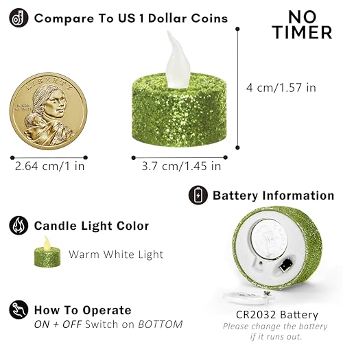 Image of FURORA LIGHTING Green Glitter Flameless Tealights - 1.45 inch W x 1.57 inch H, 12-Pack, Batteries Included