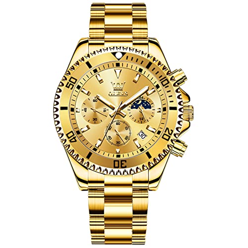 OLEVS Gold Uhr Herren Klassisches Multifunktion Chronograph Edelstahl Uhr Herren Wasserdicht Leuchtend Uhren für Männer mit Datum Geschenke Luxus Golden Großes Zifferblatt Analog Quarz Uhren