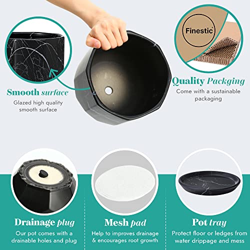 Finestic Large Marble Black Plant Pot With Drainage Holes And Saucers, Ceramic Pots For Indoor Outdoor Plants, 7 Inch Premium Hand Glazed Planters For Flower, Garden, Succulent, Nursery, Home Decor #TOP1