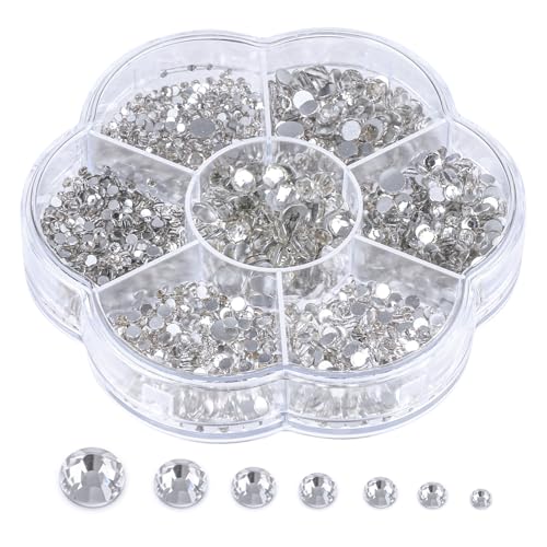 AHRLIC 3000pcs Flat Back Glass Rhinestones Kit Bling Round Crystal Rhinestones 7 Sizes 1.5-4.8mm Diamond Crystal Gems with Storage Box Kit for DIY Crafts Nail Art Scrapbooking Decoration
