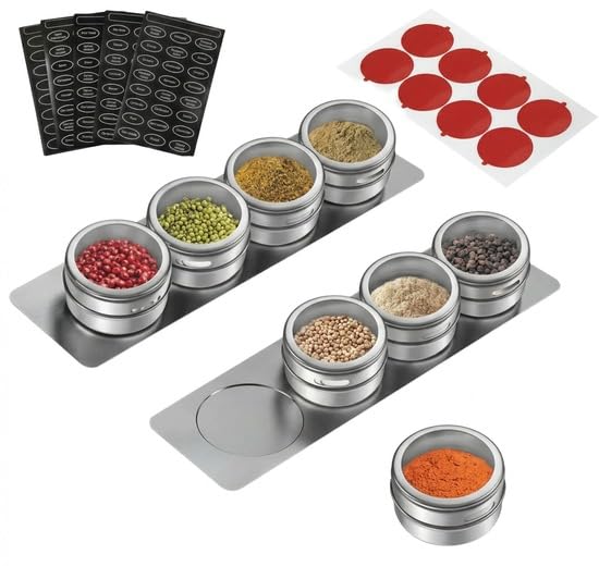 Magnetische Gewürzbehälter 8er Set - Luftdichte Dreiecksgläser aus Edelstahl - 100ml Platzsparender Organizer für Kräuter, Gewürze & Gewürze - Küche Essential