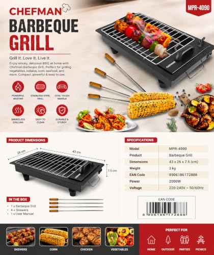 Image of Chefman 2-in-1 Barbeque Grill | 2000W Detachable Stainless Steel Heating | Dual Use for Electric & Charcoal Grilling | 4 Skewers & 1 Grill | High-Performance Indoor & Outdoor Cooking | Patent Design