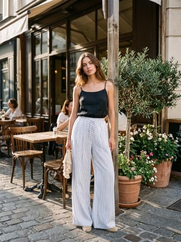 Image of Acelitt Women Drawstring Elastic Waist Wide Leg Pants with Pockets, S-XXL
